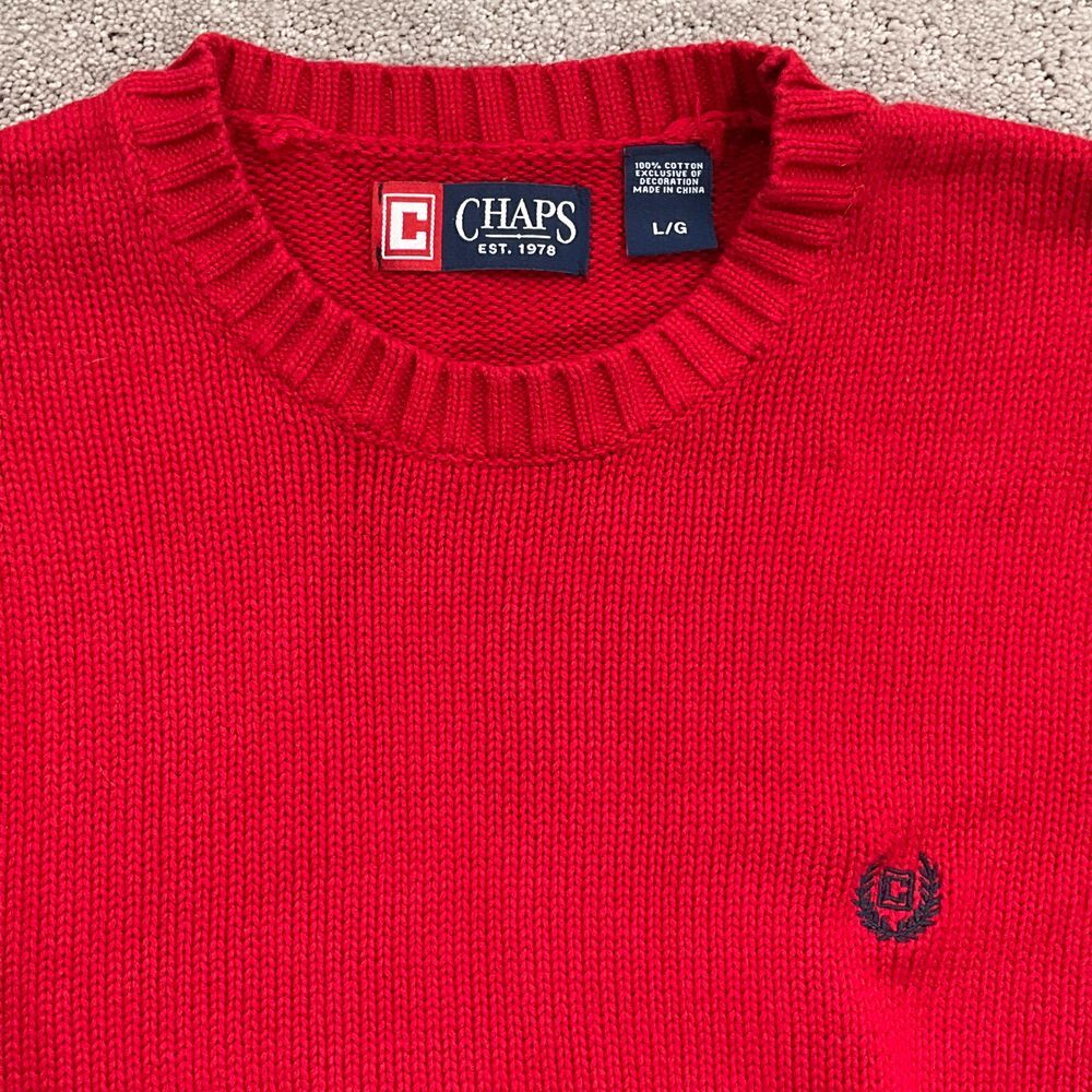 CHAPS Sweater Men L Red Cotton Crew Knit Classic Stitched Logo Pullover Preppy